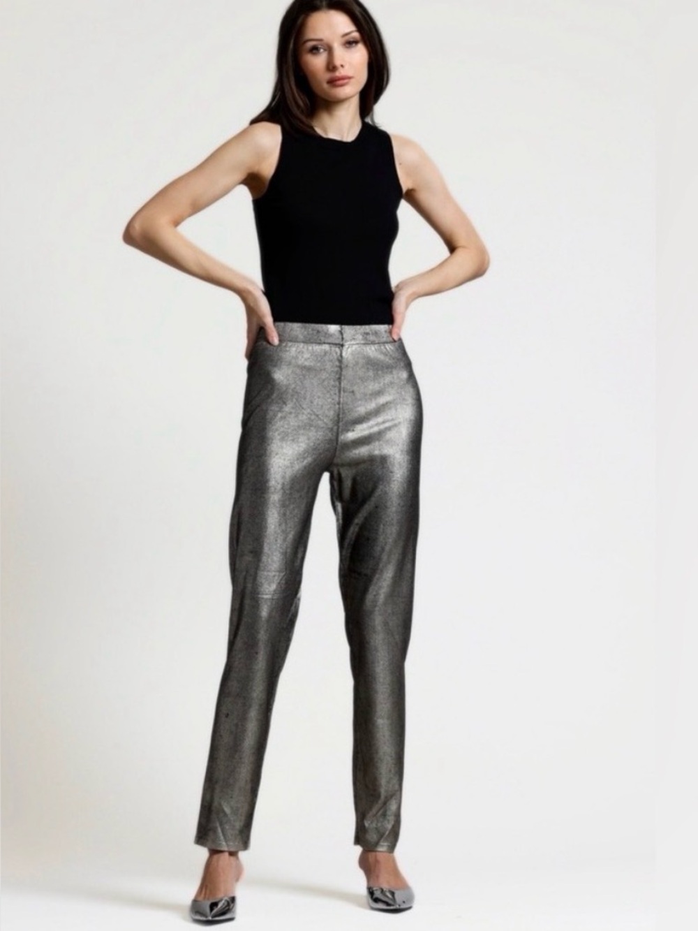 Minnie Rose Viscose Metallic Silver Gray Tapered Pants M